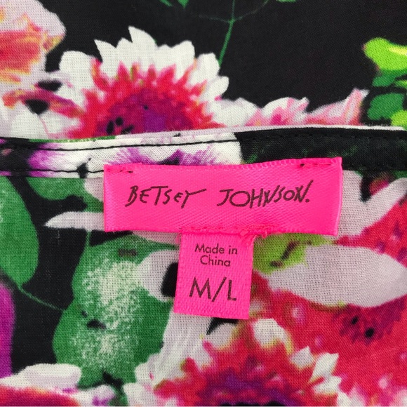 Betsey Johnson Floral Rhapsody Pink Black Fringed Open Front Kimono Wrap M/L - Picture 7 of 11